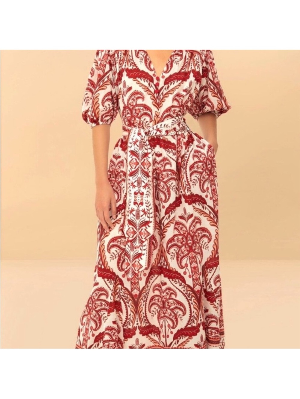 FARM Rio Red and Off White tropical cameo belted maxi dress, M